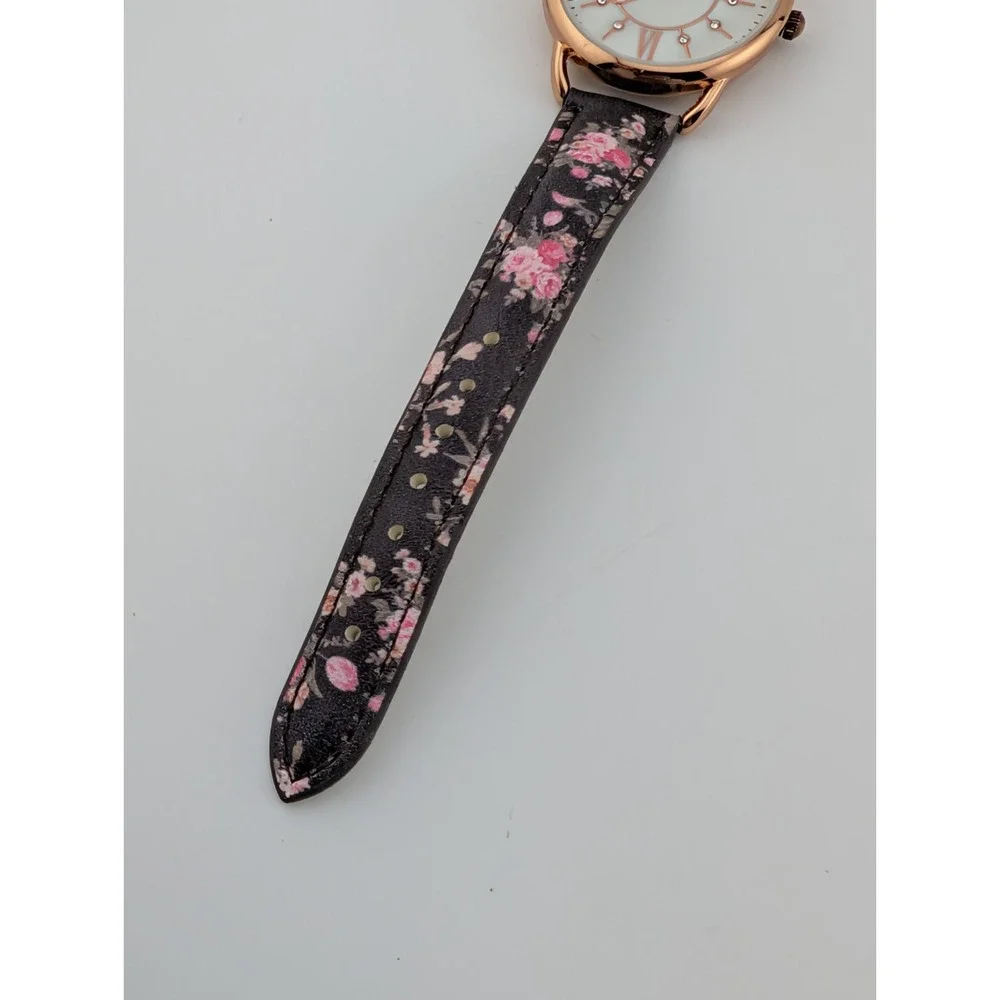 Kessaris Watch Women 33mm Rose Gold Case MOP Dial Floral‎ Band- New Battery